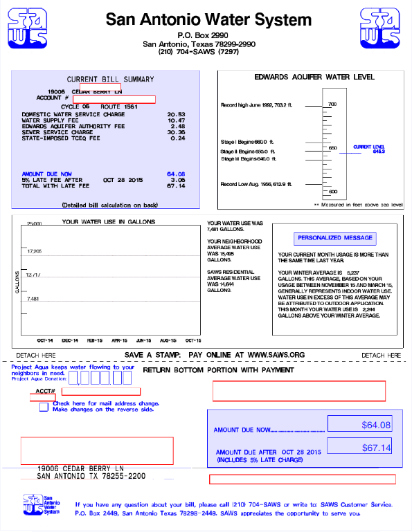 USA SAN ANTONIO WATER SYSTEM utility bill Word and PDF template